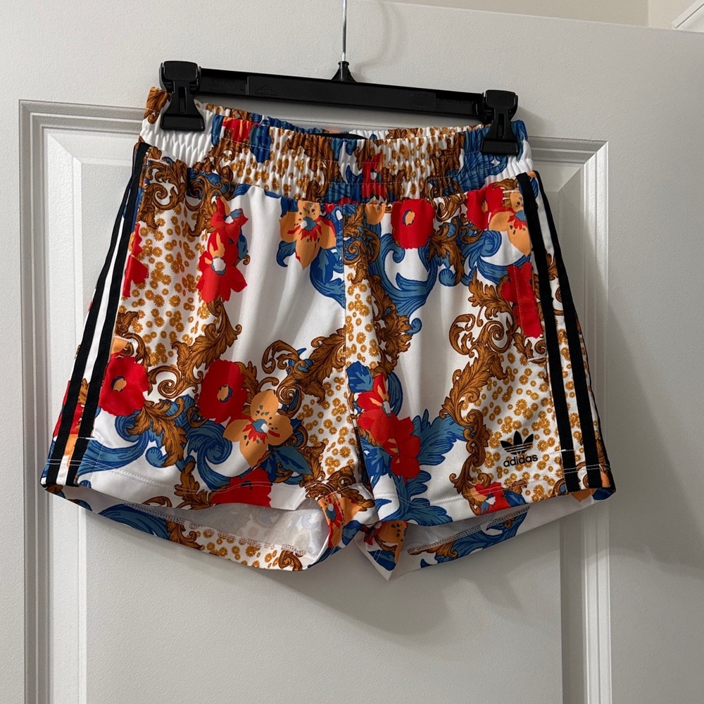 adidas Women's Floral Print Athletic Shorts in White, Red & Blue